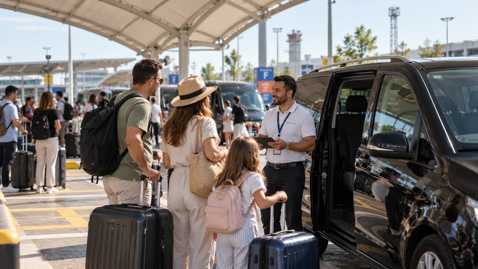 Illustration of an Antalya airport transfer representative greeting travellers next to a private minivan